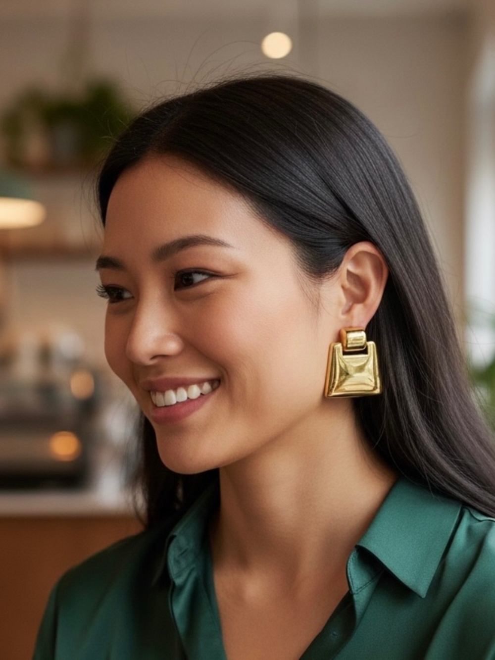 Gold tone Geometric Dangle Stud Earrings w/glossy finish and trapezoidal design